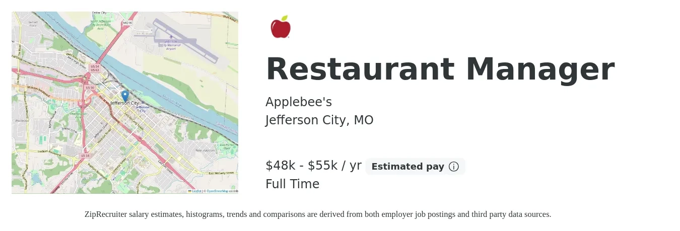 Applebee's job posting for a Restaurant Manager in Jefferson City, MO with a salary of $48,000 to $55,000 Yearly with a map of Jefferson City location.