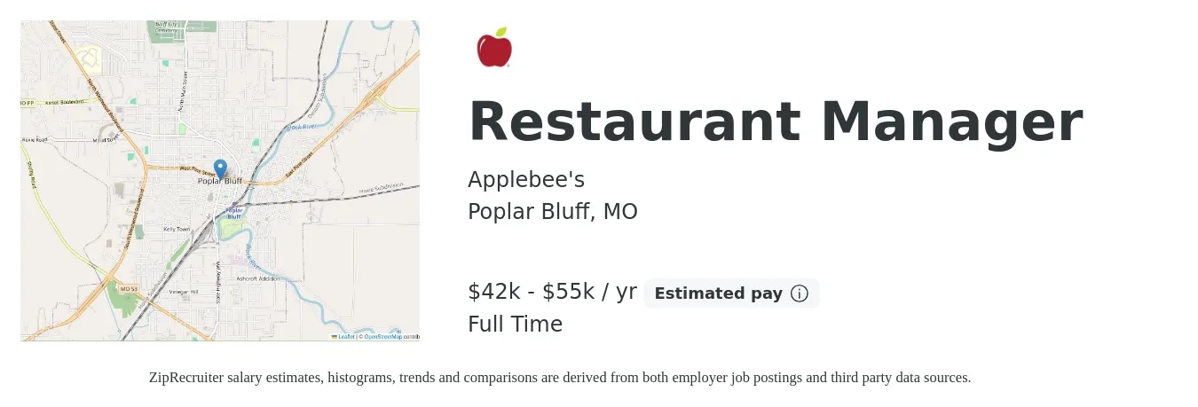 Applebee's job posting for a Restaurant Manager in Poplar Bluff, MO with a salary of $42,000 to $55,000 Yearly with a map of Poplar Bluff location.
