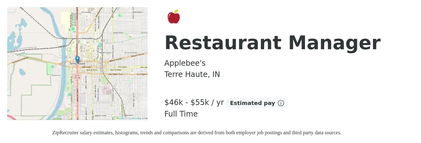 Applebee's job posting for a Restaurant Manager in Terre Haute, IN with a salary of $46,000 to $55,000 Yearly with a map of Terre Haute location.