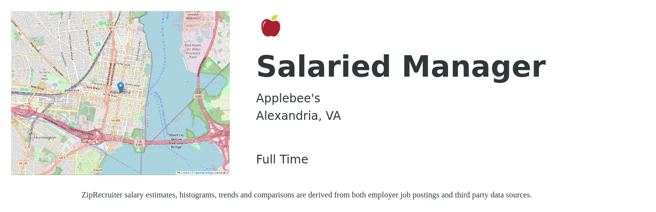 Applebee's job posting for a Salaried Manager in Alexandria, VA with a salary of $16 to $24 Hourly with a map of Alexandria location.