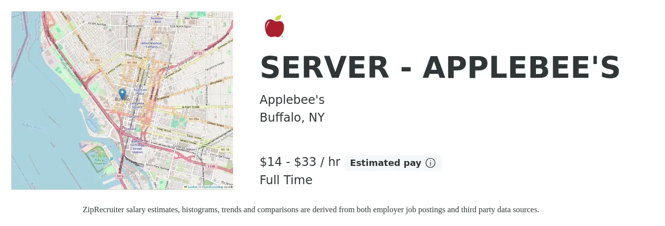Applebee's job posting for a SERVER - APPLEBEE'S in Buffalo, NY with a salary of $15 to $35 Hourly with a map of Buffalo location.
