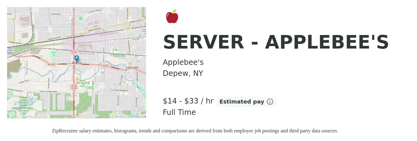 Applebee's job posting for a SERVER - APPLEBEE'S in Depew, NY with a salary of $15 to $35 Hourly with a map of Depew location.