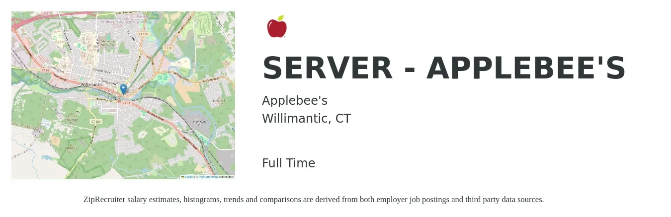 Applebee's job posting for a SERVER - APPLEBEE'S in Willimantic, CT with a salary of $10 to $17 Hourly with a map of Willimantic location.