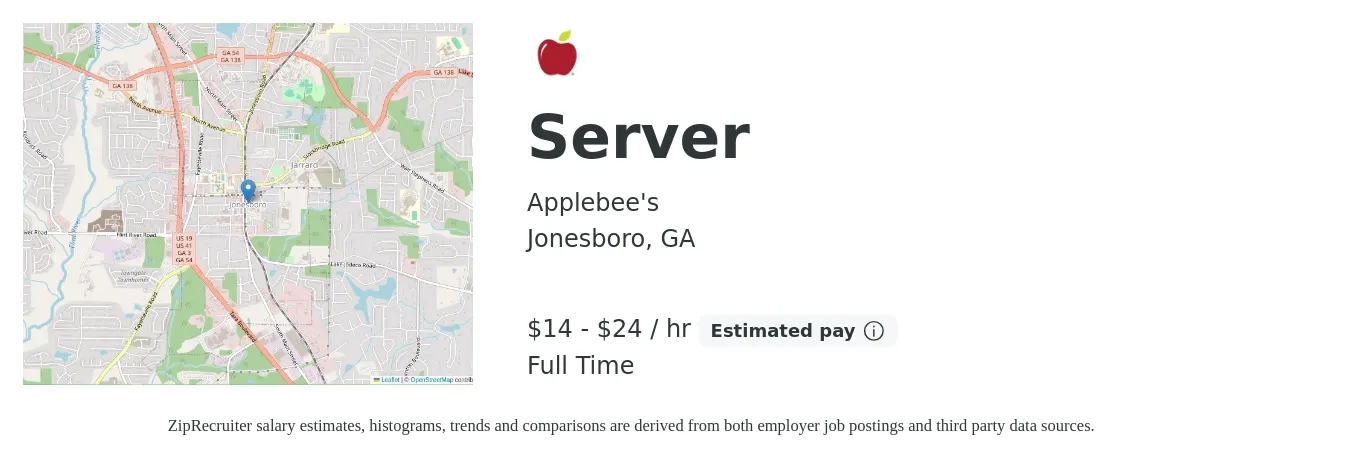 Applebee's job posting for a Server in Jonesboro, GA with a salary of $15 to $25 Hourly with a map of Jonesboro location.