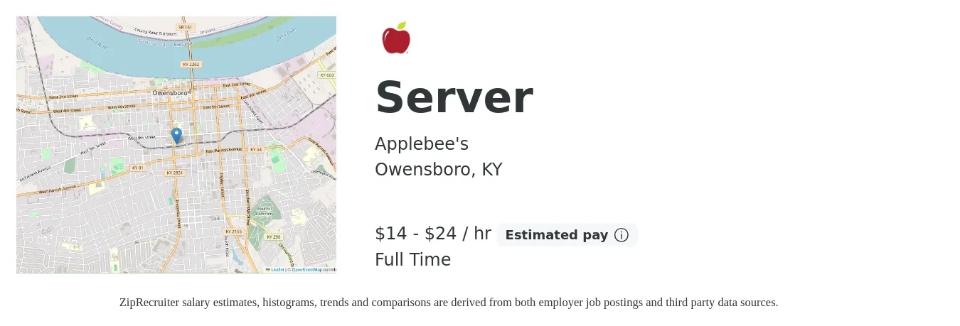 Applebee's job posting for a Server in Owensboro, KY with a salary of $15 to $25 Hourly with a map of Owensboro location.