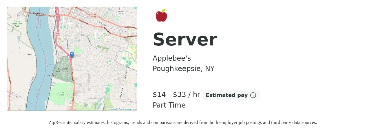 Applebee's job posting for a Server in Poughkeepsie, NY with a salary of $15 to $35 Hourly with a map of Poughkeepsie location.