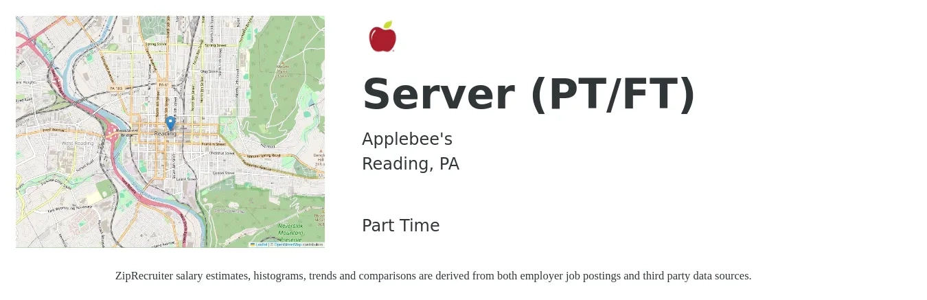 Applebee's job posting for a Server (PT/FT) in Reading, PA with a salary of $10 to $17 Hourly with a map of Reading location.