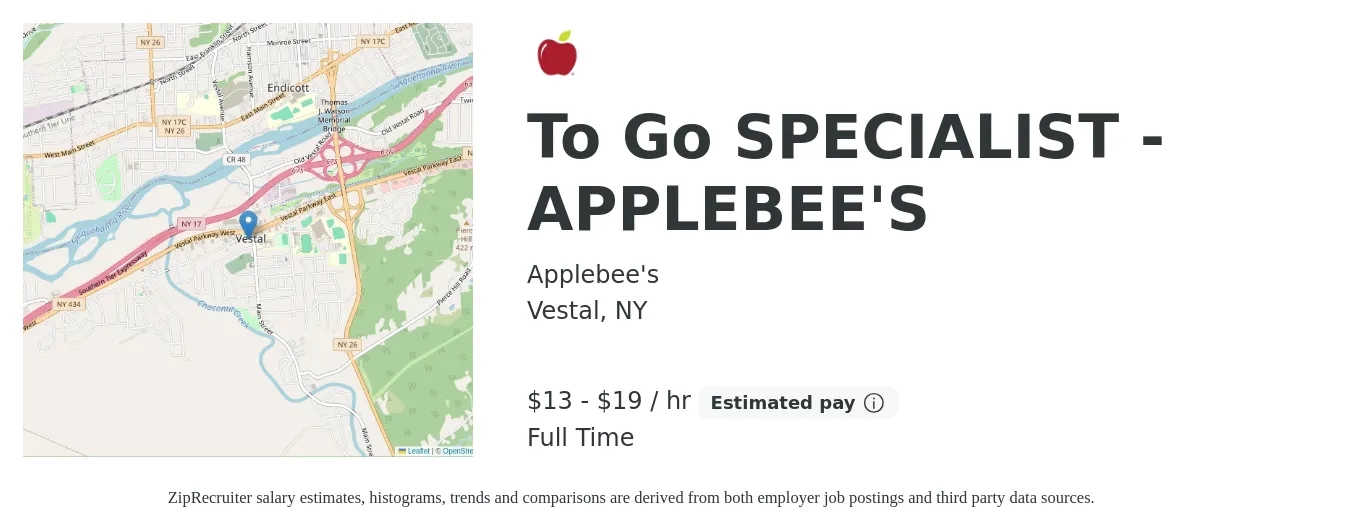 Applebee's job posting for a To Go SPECIALIST - APPLEBEE'S in Vestal, NY with a salary of $14 to $20 Hourly with a map of Vestal location.