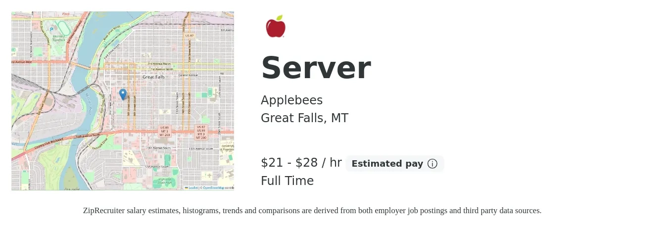 Applebees job posting for a Server in Great Falls, MT with a salary of $10 to $16 Hourly with a map of Great Falls location.