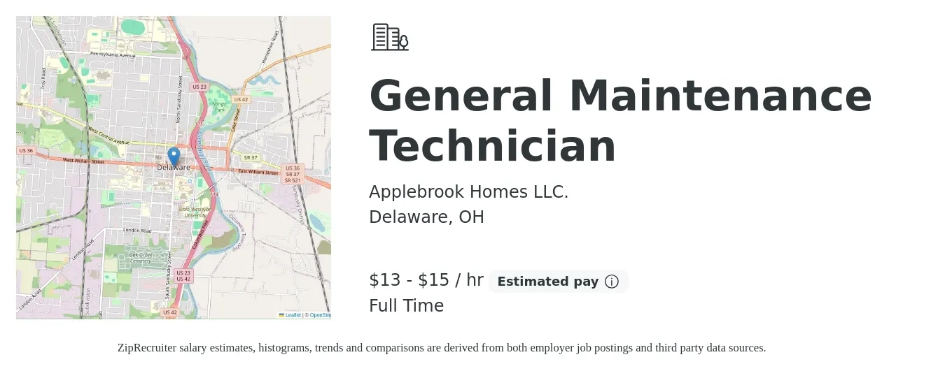 Applebrook Homes LLC. job posting for a General Maintenance Technician in Delaware, OH with a salary of $14 to $16 Hourly with a map of Delaware location.