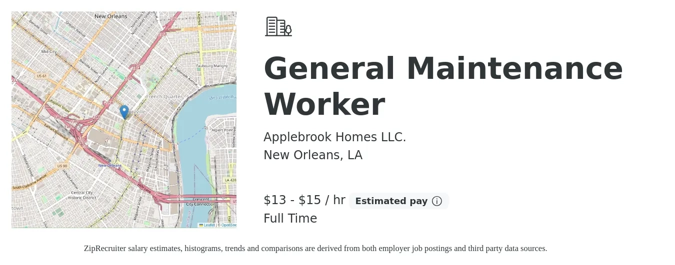 Applebrook Homes LLC. job posting for a General Maintenance Worker in New Orleans, LA with a salary of $14 to $16 Hourly with a map of New Orleans location.