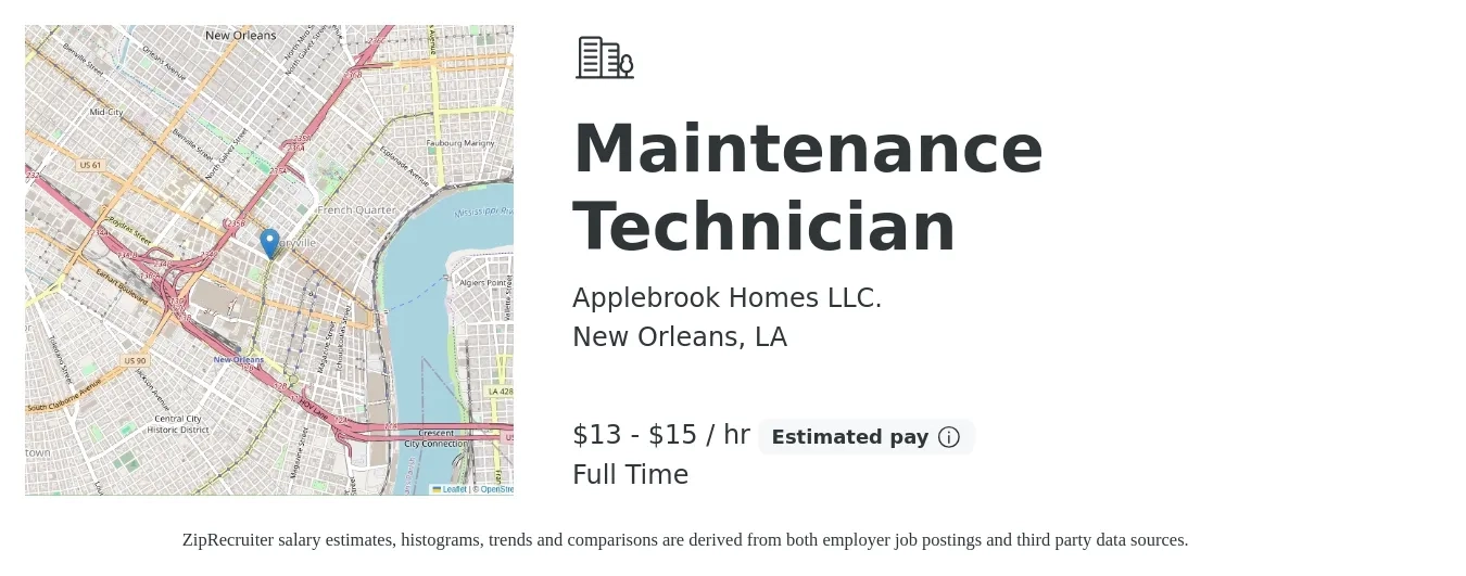 Applebrook Homes LLC. job posting for a Maintenance Technician in New Orleans, LA with a salary of $14 to $16 Hourly with a map of New Orleans location.