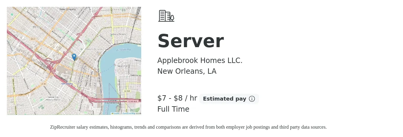Applebrook Homes LLC. job posting for a Server in New Orleans, LA with a salary of $8 to $8 Hourly with a map of New Orleans location.