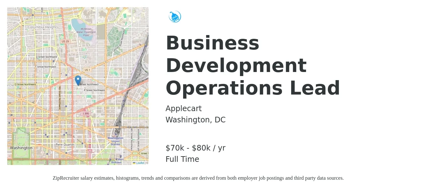 Applecart job posting for a Business Development Operations Lead in Washington, DC with a salary of $70,000 to $80,000 Yearly with a map of Washington location.