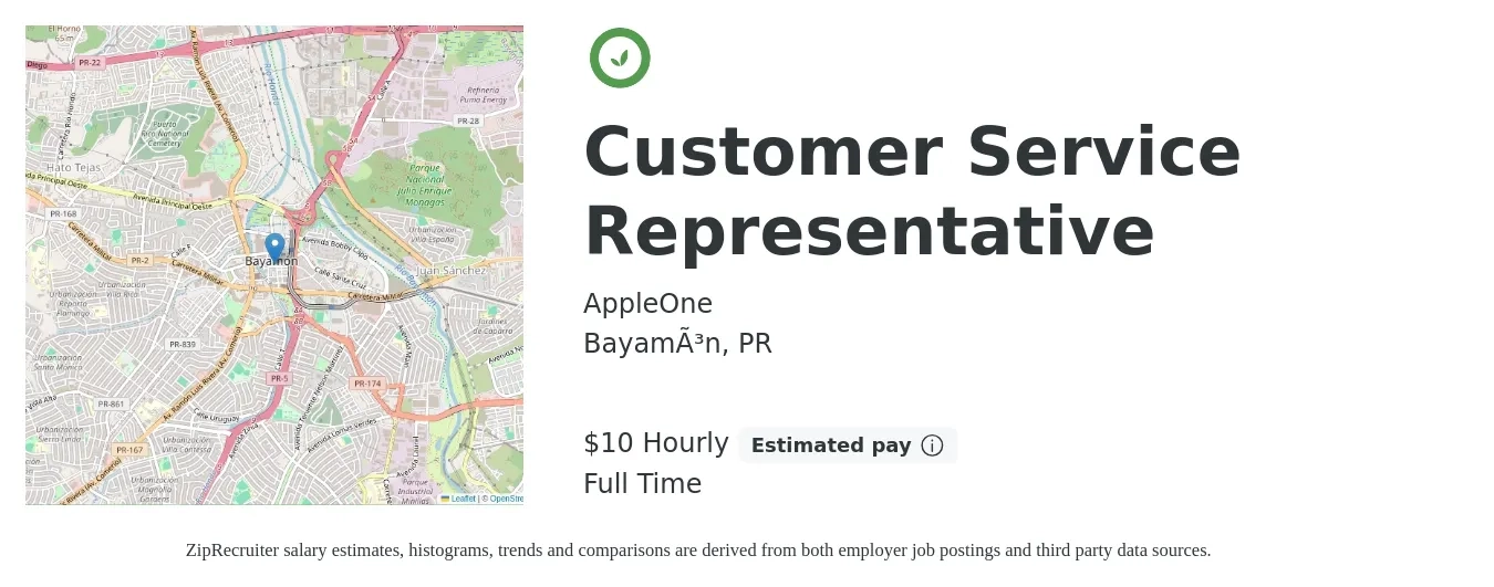 AppleOne job posting for a Customer Service Representative in Bayamón, PR with a salary of $10 Hourly with a map of Bayamón location.