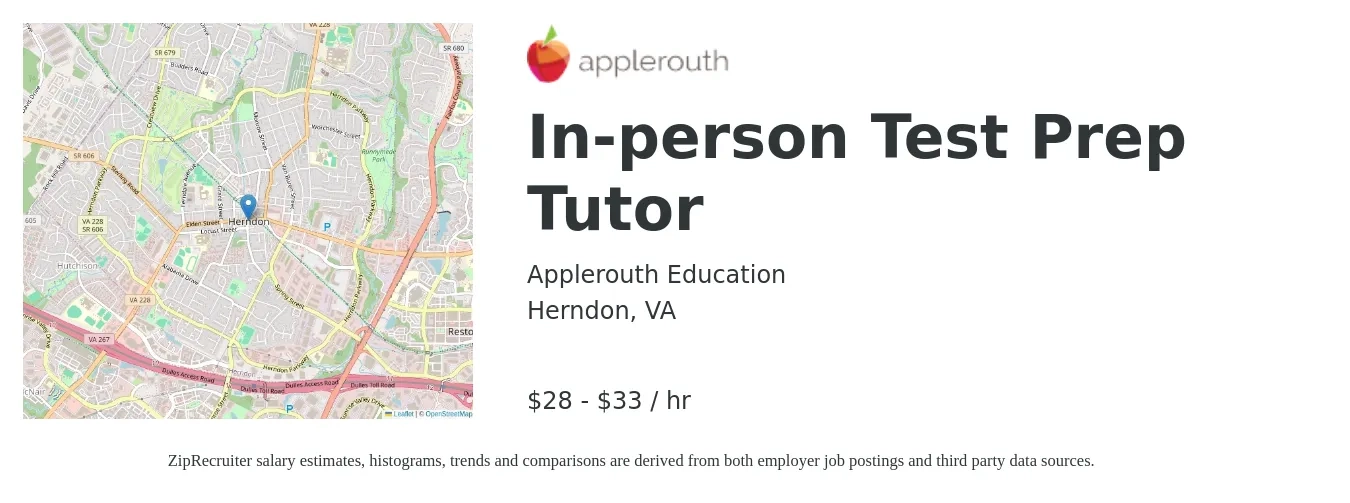 Applerouth Education job posting for a In-person Test Prep Tutor in Herndon, VA with a salary of $30 to $35 Hourly with a map of Herndon location.