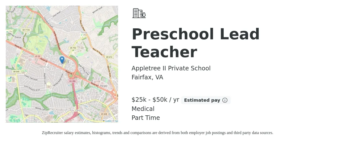 Appletree II Private School job posting for a Preschool Lead Teacher in Fairfax, VA with a salary of $25,000 to $50,000 Yearly and benefits including medical, and pto with a map of Fairfax location.