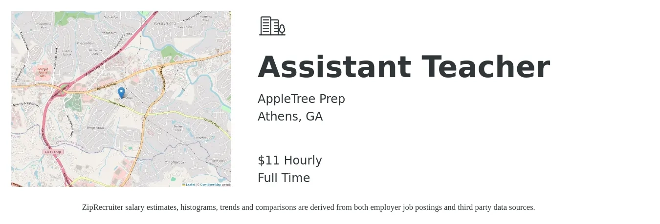 AppleTree Prep job posting for a Assistant Teacher in Athens, GA with a salary of $12 Hourly with a map of Athens location.