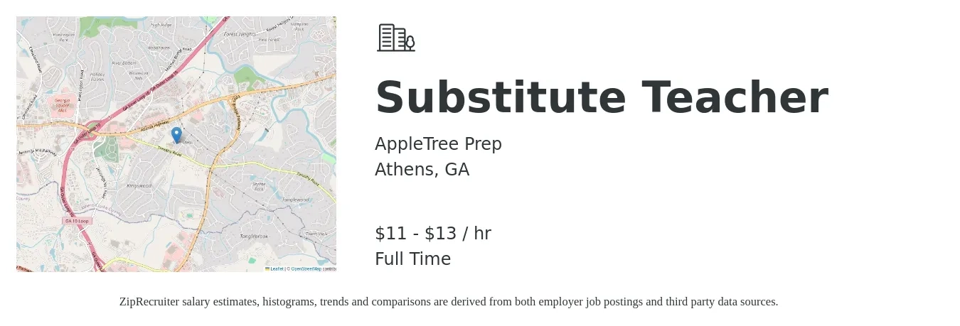 AppleTree Prep job posting for a Substitute Teacher in Athens, GA with a salary of $12 to $14 Hourly with a map of Athens location.