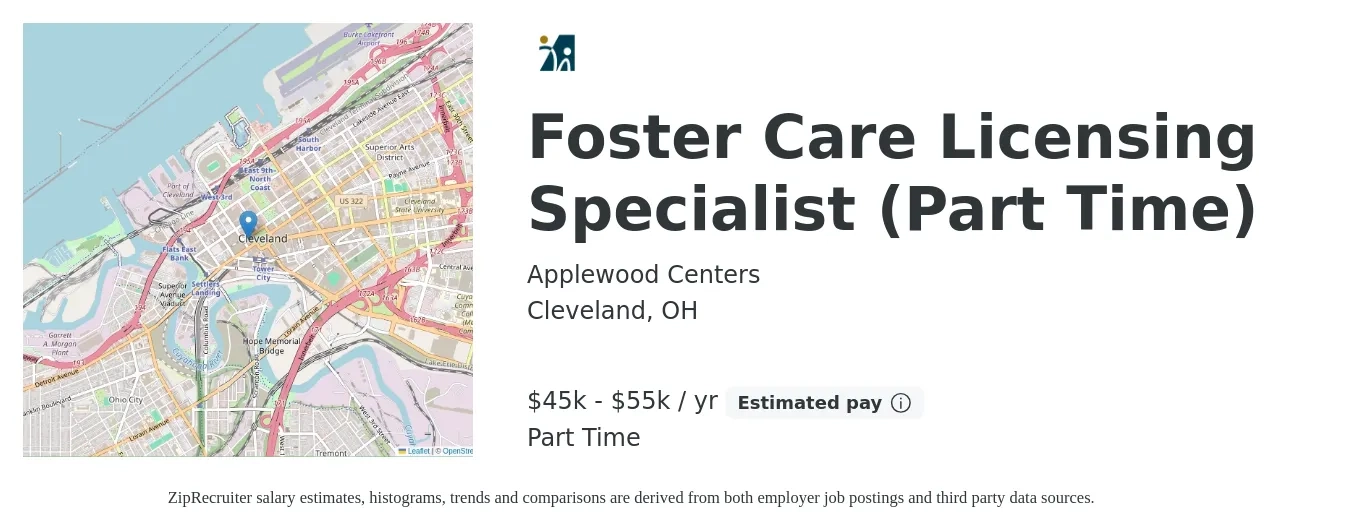 Applewood Centers job posting for a Foster Care Licensing Specialist (Part Time) in Cleveland, OH with a salary of $45,000 to $55,000 Yearly with a map of Cleveland location.
