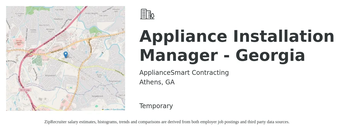 ApplianceSmart Contracting job posting for a Appliance Installation Manager - Georgia in Athens, GA with a salary of $18 to $24 Hourly with a map of Athens location.