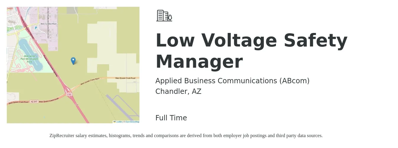 Applied Business Communications (ABcom) job posting for a Low Voltage Safety Manager in Chandler, AZ with a salary of $77,000 to $115,700 Yearly with a map of Chandler location.