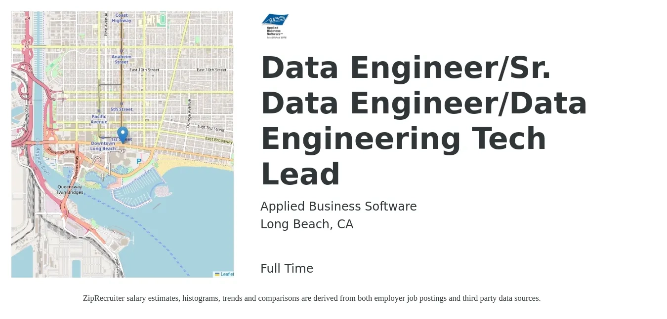 Applied Business Software job posting for a Data Engineer/Sr. Data Engineer/Data Engineering Tech Lead in Long Beach, CA with a salary of $80,000 to $110,000 Yearly and benefits including retirement, vision, dental, and medical with a map of Long Beach location.