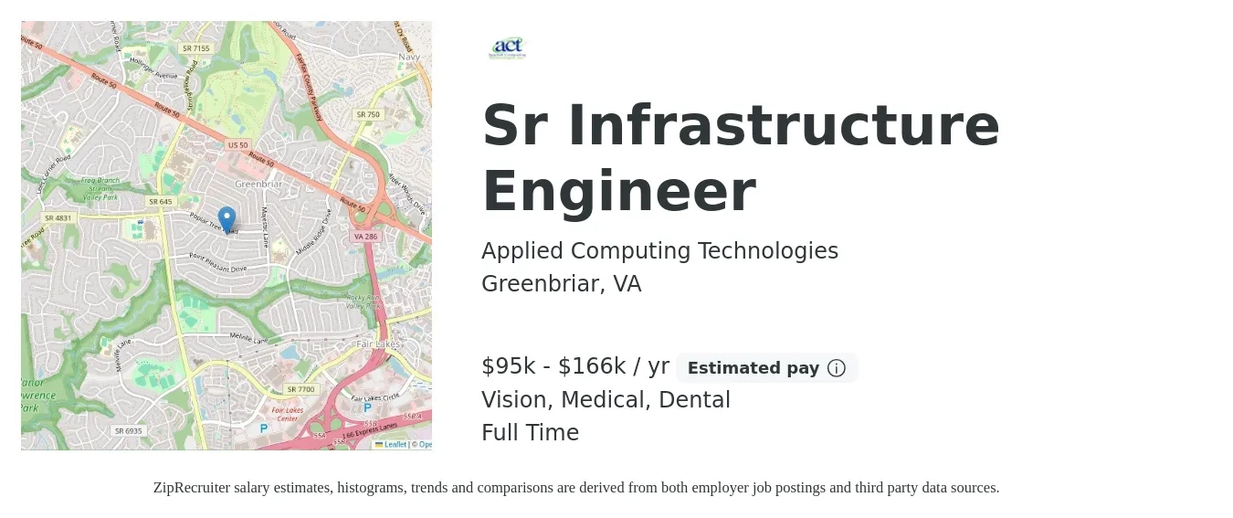 Applied Computing Technologies job posting for a Sr Infrastructure Engineer in Greenbriar, VA with a salary of $95,500 to $166,400 Yearly and benefits including retirement, vision, dental, life_insurance, medical, and pto with a map of Greenbriar location.