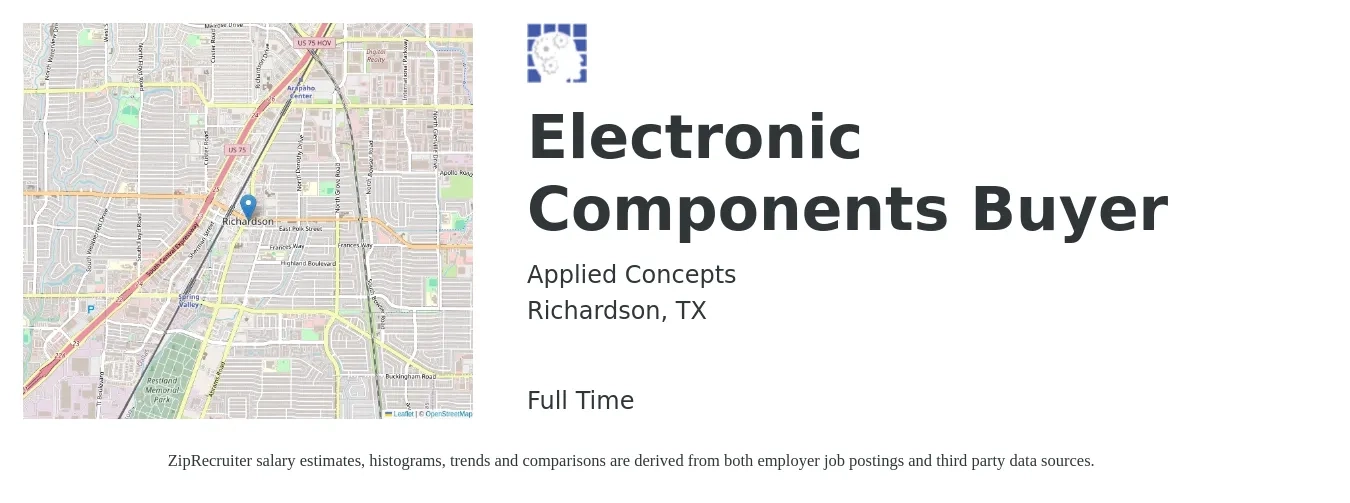 Applied Concepts job posting for a Electronic Components Buyer in Richardson, TX with a salary of $49,600 to $71,300 Yearly with a map of Richardson location.