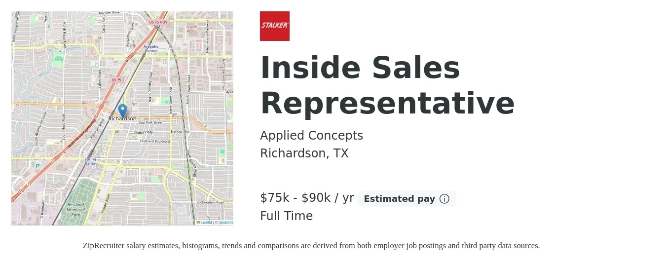 Applied Concepts job posting for a Inside Sales Representative in Richardson, TX with a salary of $75,000 to $90,000 Yearly with a map of Richardson location.