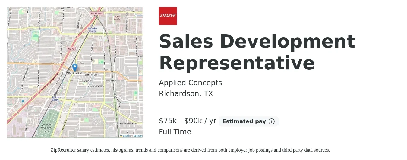 Applied Concepts job posting for a Sales Development Representative in Richardson, TX with a salary of $75,000 to $90,000 Yearly with a map of Richardson location.