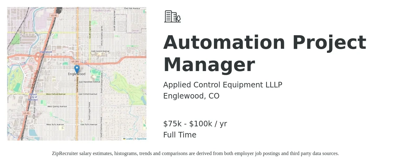 Applied Control Equipment LLLP job posting for a Automation Project Manager in Englewood, CO with a salary of $75,000 to $100,000 Yearly with a map of Englewood location.