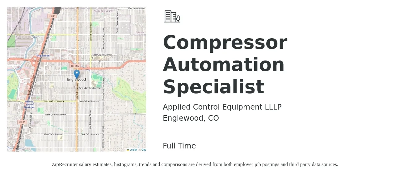 Applied Control Equipment LLLP job posting for a Compressor Automation Specialist in Englewood, CO with a salary of $56,300 to $97,300 Yearly with a map of Englewood location.