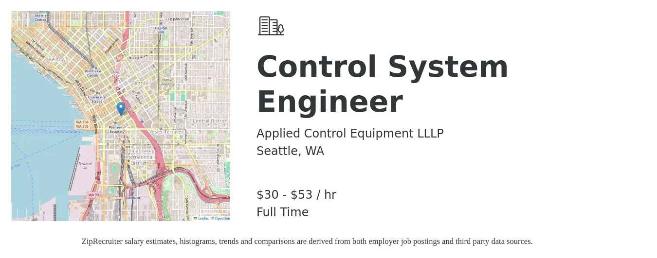 Applied Control Equipment LLLP job posting for a Control System Engineer in Seattle, WA with a salary of $31 to $55 Hourly with a map of Seattle location.