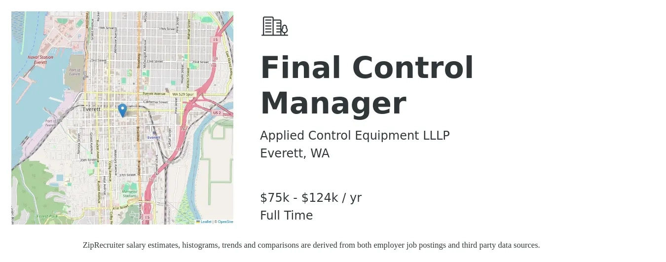 Applied Control Equipment LLLP job posting for a Final Control Manager in Everett, WA with a salary of $75,600 to $124,200 Yearly with a map of Everett location.