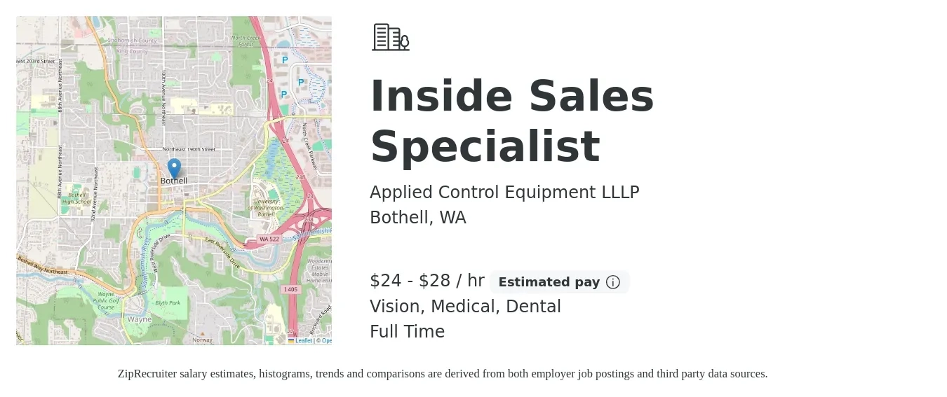 Applied Control Equipment LLLP job posting for a Inside Sales Specialist in Bothell, WA with a salary of $25 to $30 Hourly and benefits including life_insurance, medical, pto, retirement, vision, and dental with a map of Bothell location.