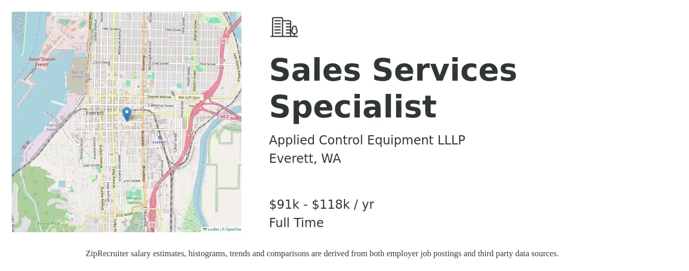 Applied Control Equipment LLLP job posting for a Sales Services Specialist in Everett, WA with a salary of $91,000 to $118,000 Yearly with a map of Everett location.