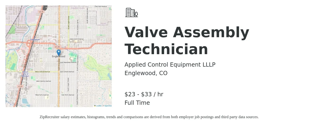 Applied Control Equipment LLLP job posting for a Valve Assembly Technician in Englewood, CO with a salary of $24 to $35 Hourly with a map of Englewood location.