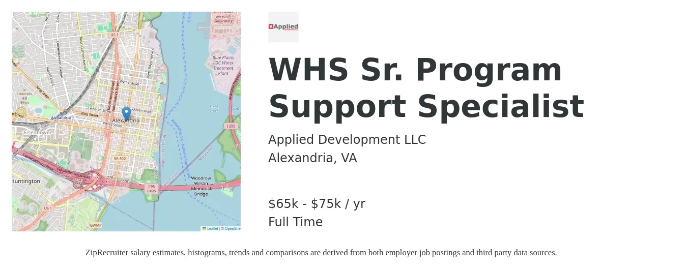 Applied Development LLC job posting for a WHS Sr. Program Support Specialist in Alexandria, VA with a salary of $65,000 to $75,000 Yearly with a map of Alexandria location.