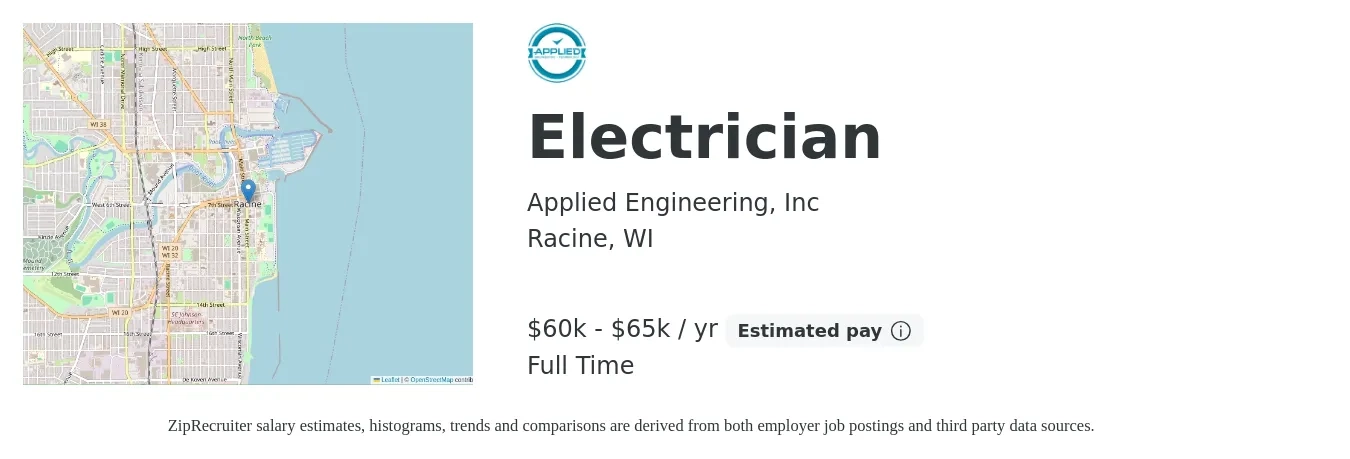 Applied Engineering, Inc job posting for a Electrician in Racine, WI with a salary of $60,000 to $65,000 Yearly with a map of Racine location.