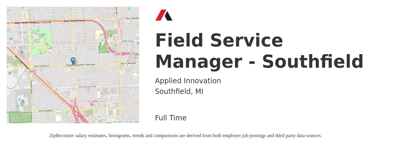 Applied Innovation job posting for a Field Service Manager - Southfield in Southfield, MI with a salary of $47,000 to $78,500 Yearly with a map of Southfield location.