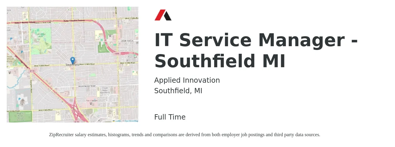 Applied Innovation job posting for a IT Service Manager - Southfield MI in Southfield, MI with a salary of $75,300 to $117,800 Yearly with a map of Southfield location.