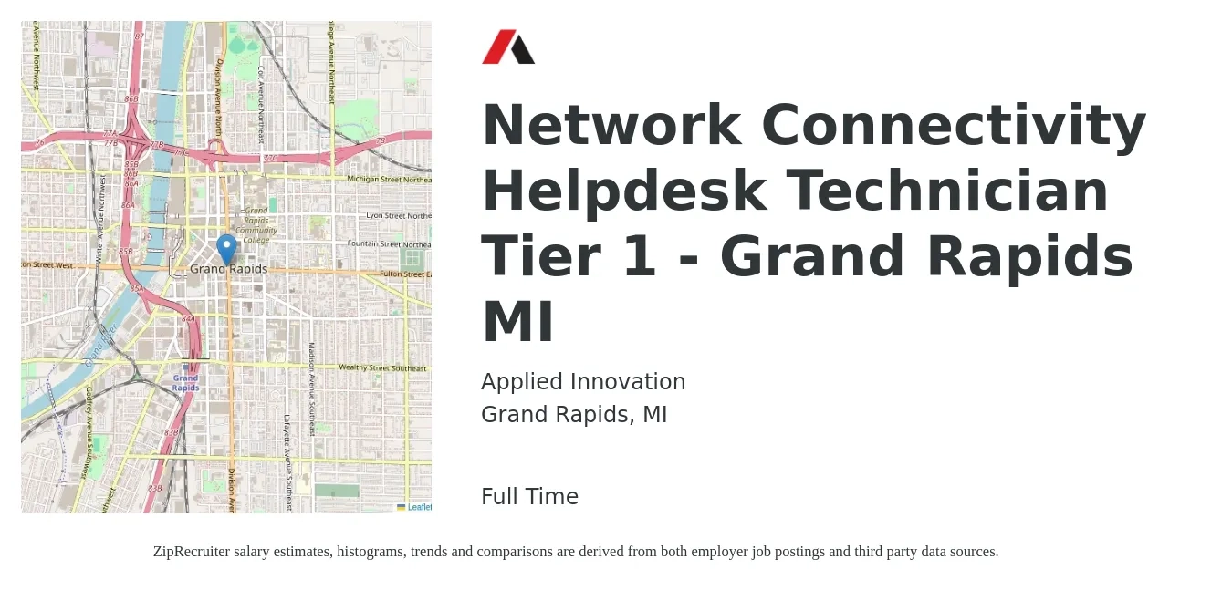 Applied Innovation job posting for a Network Connectivity Helpdesk Technician Tier 1 - Grand Rapids MI in Grand Rapids, MI with a salary of $18 to $25 Hourly with a map of Grand Rapids location.