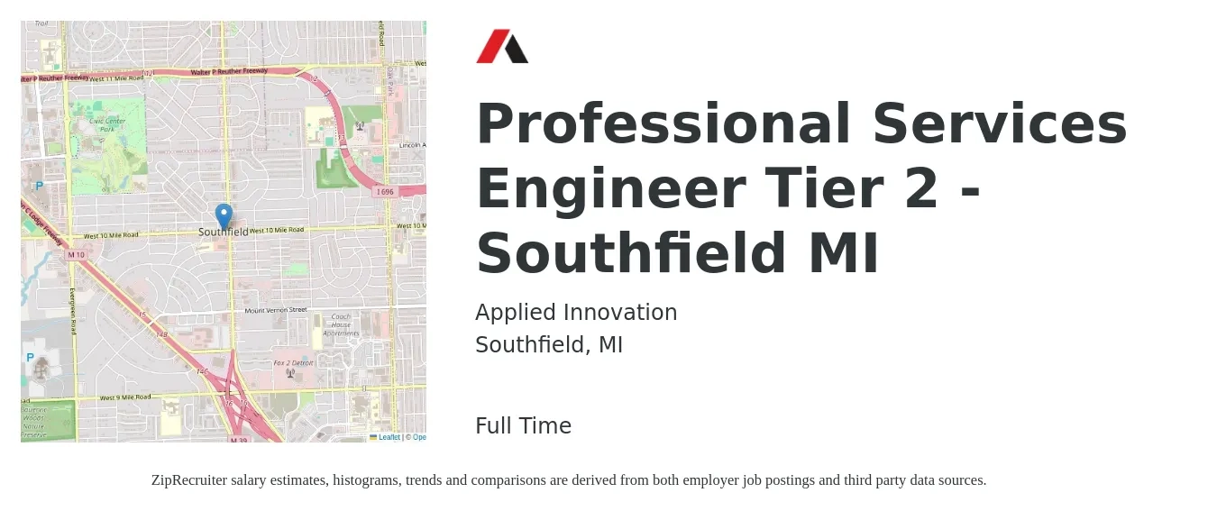 Applied Innovation job posting for a Professional Services Engineer Tier 2 - Southfield MI in Southfield, MI with a salary of $81,300 to $121,900 Yearly with a map of Southfield location.