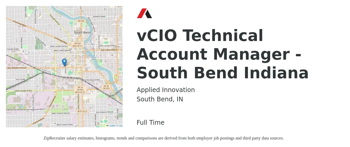 Applied Innovation job posting for a vCIO Technical Account Manager - South Bend Indiana in South Bend, IN with a salary of $60,800 to $98,500 Yearly with a map of South Bend location.