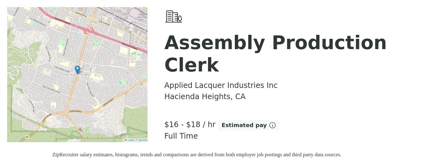 Applied Lacquer Industries Inc job posting for a Assembly Production Clerk in Hacienda Heights, CA with a salary of $17 to $19 Hourly with a map of Hacienda Heights location.