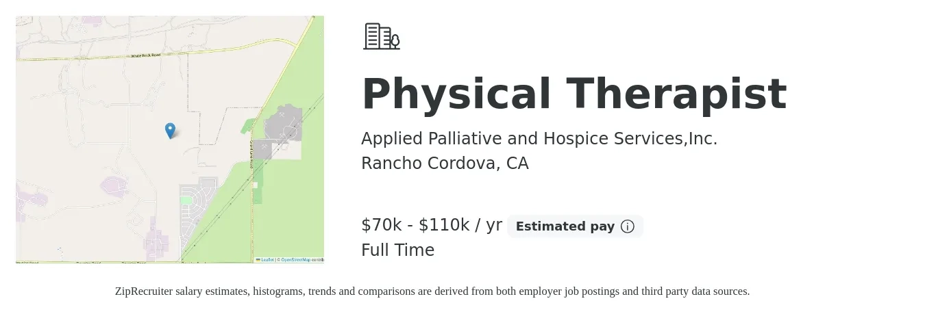 Applied Palliative and Hospice Services,Inc. job posting for a Physical Therapist in Rancho Cordova, CA with a salary of $70,000 to $110,000 Yearly with a map of Rancho Cordova location.