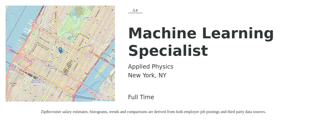Applied Physics job posting for a Machine Learning Specialist in New York, NY with a salary of $52,500 to $82,100 Yearly with a map of New York location.