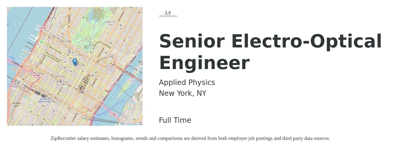 Applied Physics job posting for a Senior Electro-Optical Engineer in New York, NY with a salary of $117,600 to $153,200 Yearly with a map of New York location.
