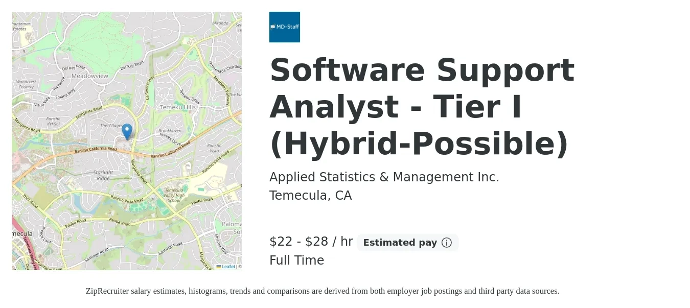 Applied Statistics & Management Inc. job posting for a Software Support Analyst - Tier I (Hybrid-Possible) in Temecula, CA with a salary of $23 to $30 Hourly with a map of Temecula location.
